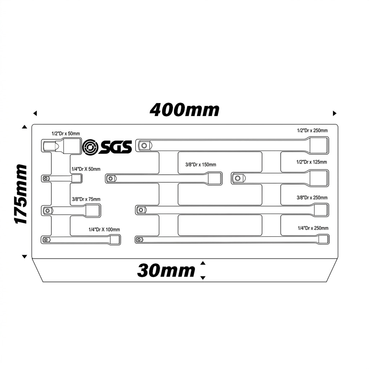 SGS 9pc Imperial Drive Extension Bar Set | 1/4in, 3/8in, 1/2in | Foam Insert